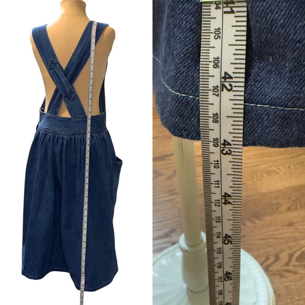 Vintage Denim Pinafore Dress Drop Waist Cross Back Pockets Blue 90s Size M - Picture 5 of 11